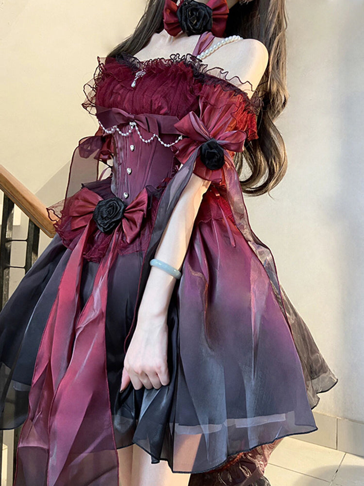 Vintage Ball Gown Off The Shoulder Short Sleeves 16th Burgundy Birthday Dress Lolita Dress Birthday Outfits DP0220