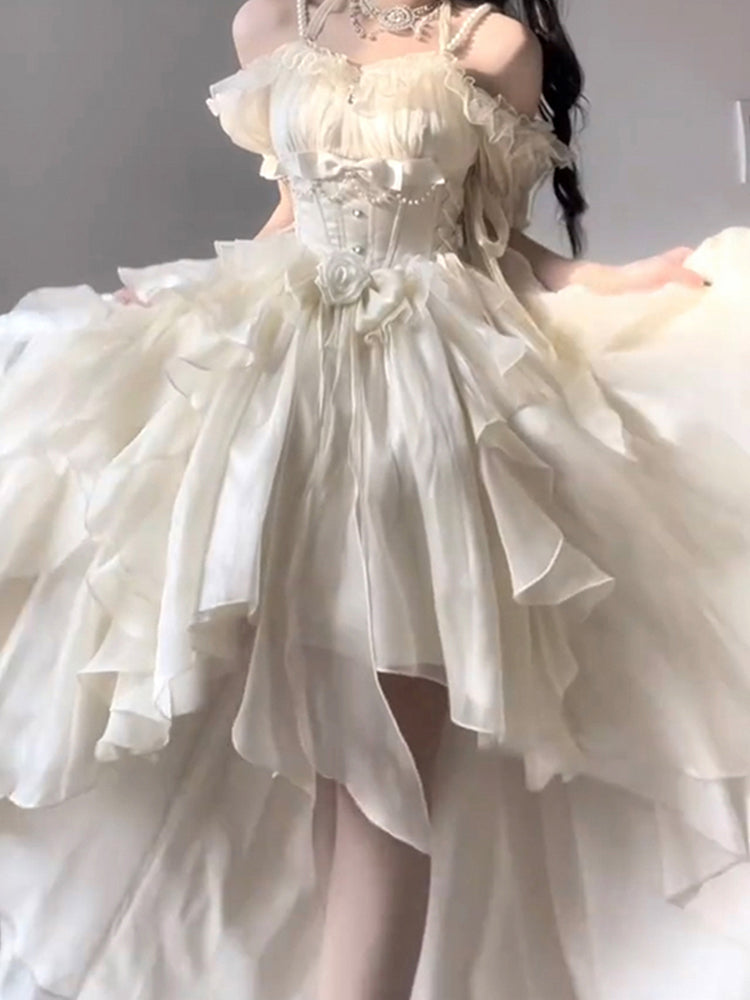 Robe vintage Lolita en mousseline de soie, manches courtes, épaules dénudées, pour 16e anniversaire, tenue d'anniversaire W1130