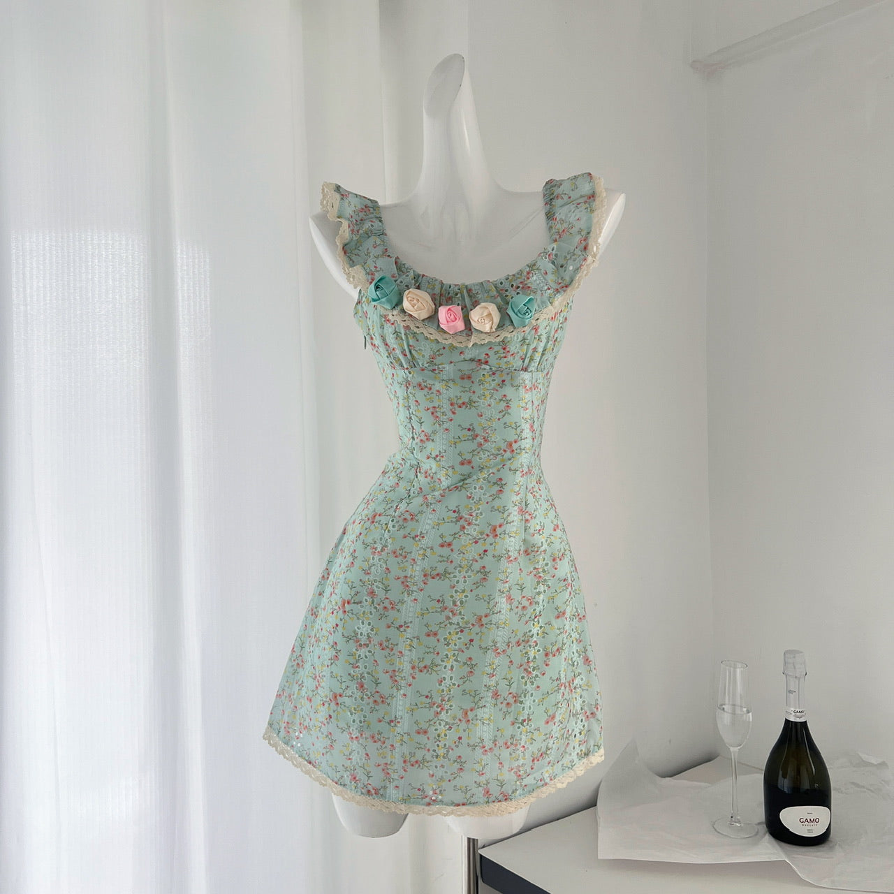Sexy A line Square Neckline Summer Floral Green Dress Holiday Party Outfits For Women DP0024