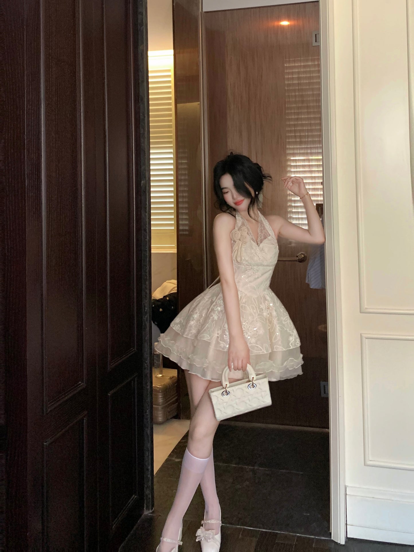 Pretty Ball Gown Halter Ivory Lace Short Mini Formal 8th Grade Homecoming Dresses Summer Middle School Hoco Dress Homecoming Outfits DH682