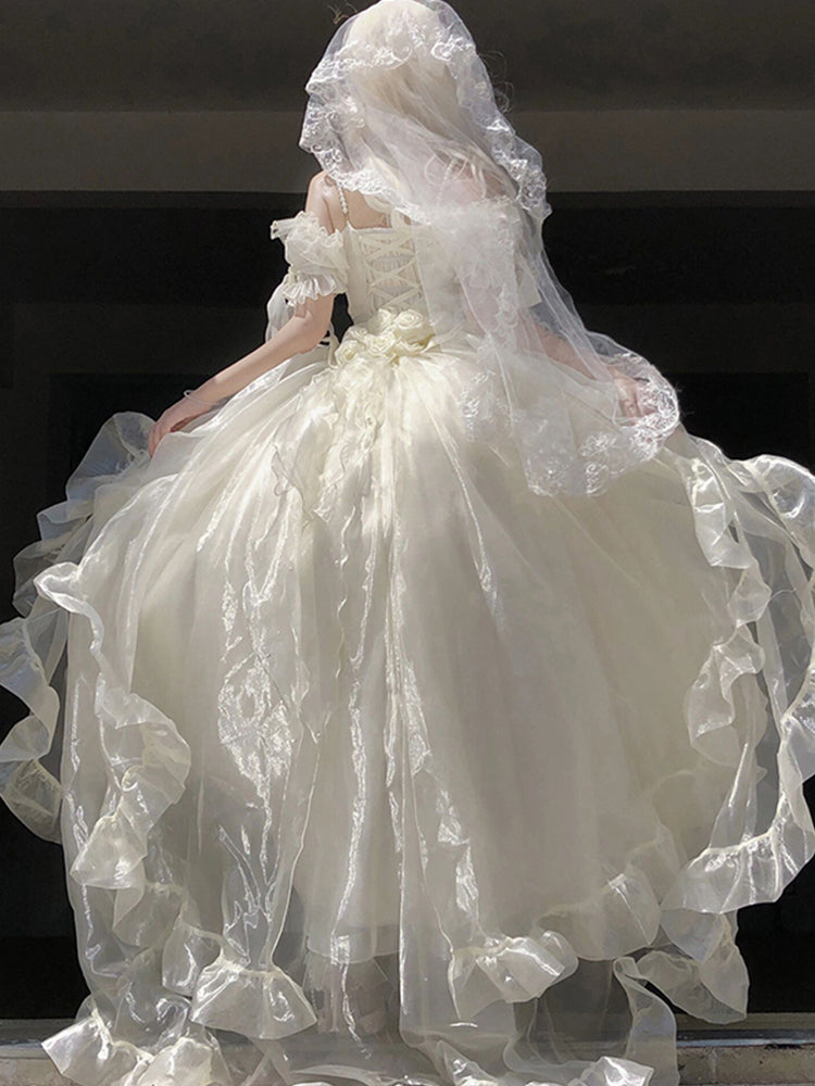 Princess Ball Gown Off The Shoulder Short Sleeves Ivory Floral 16th Chiffon Birthday Dress Lolita Dress 18th Birthday Outfits W1137