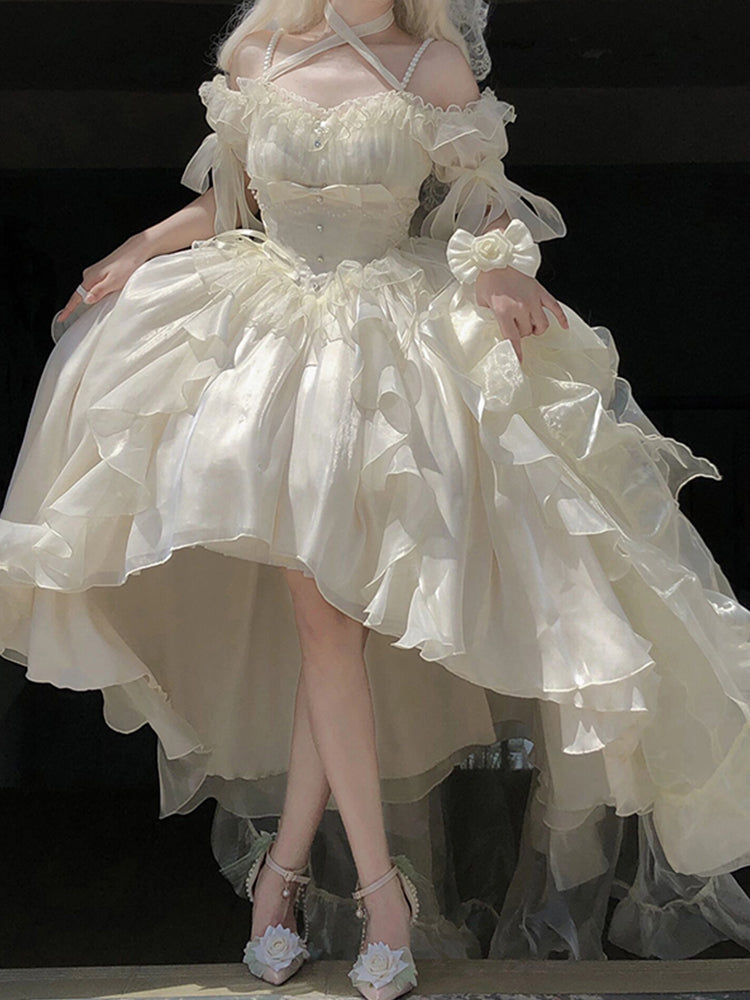 Princess Ball Gown Off The Shoulder Short Sleeves Ivory Floral 16th Chiffon Birthday Dress Lolita Dress 18th Birthday Outfits W1137
