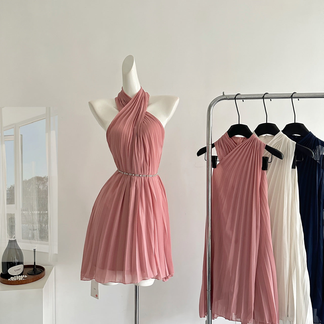 Sexy A line Halter Neckline Pink Short Chiffon Summer Dress Holiday Party Outfits For Women DP0119
