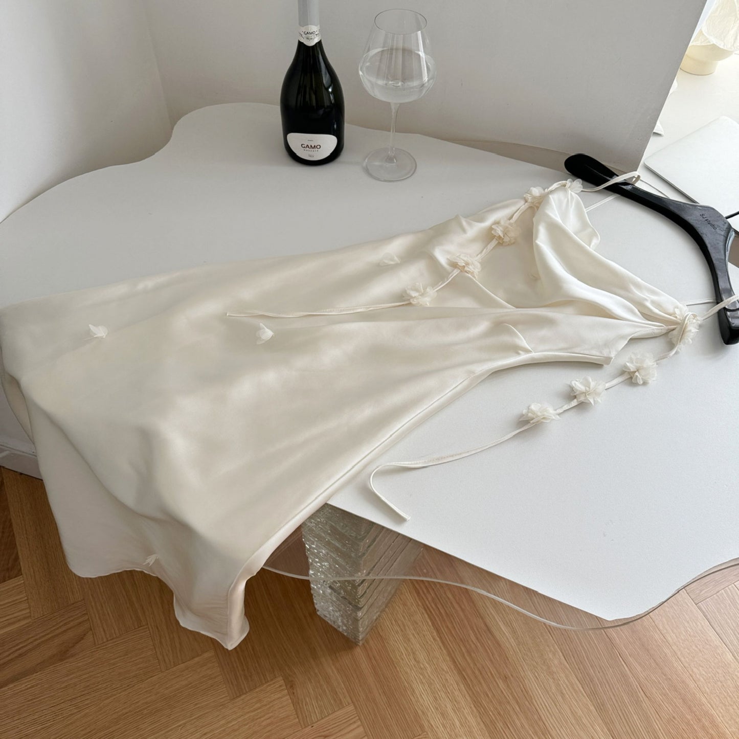 Cute A line Spaghetti Straps Champagne Floral Long Satin Summer Dress For Women DP0009