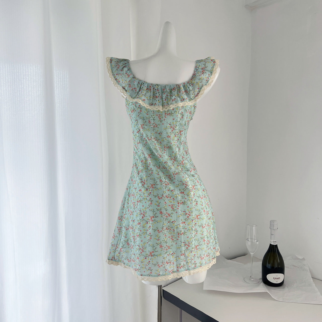 Sexy A line Square Neckline Summer Floral Green Dress Holiday Party Outfits For Women DP0024