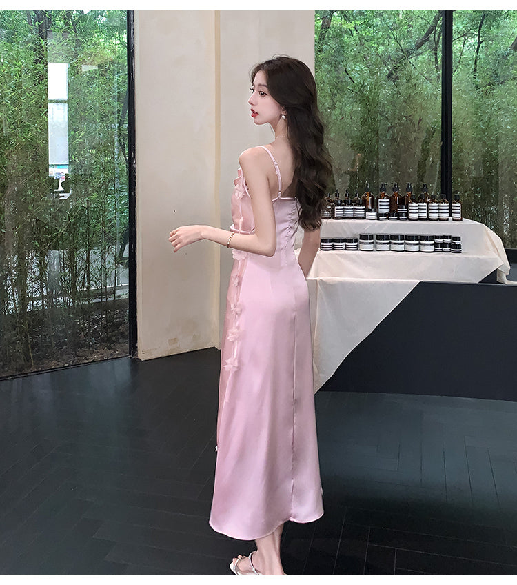 Cute A line Spaghetti Straps Pink Floral Long Satin Summer Dress For Women DP0010