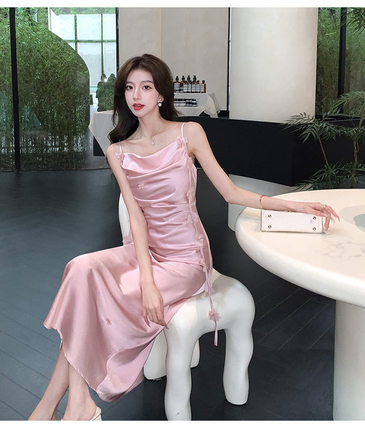 Cute A line Spaghetti Straps Pink Floral Long Satin Summer Dress For Women DP0010