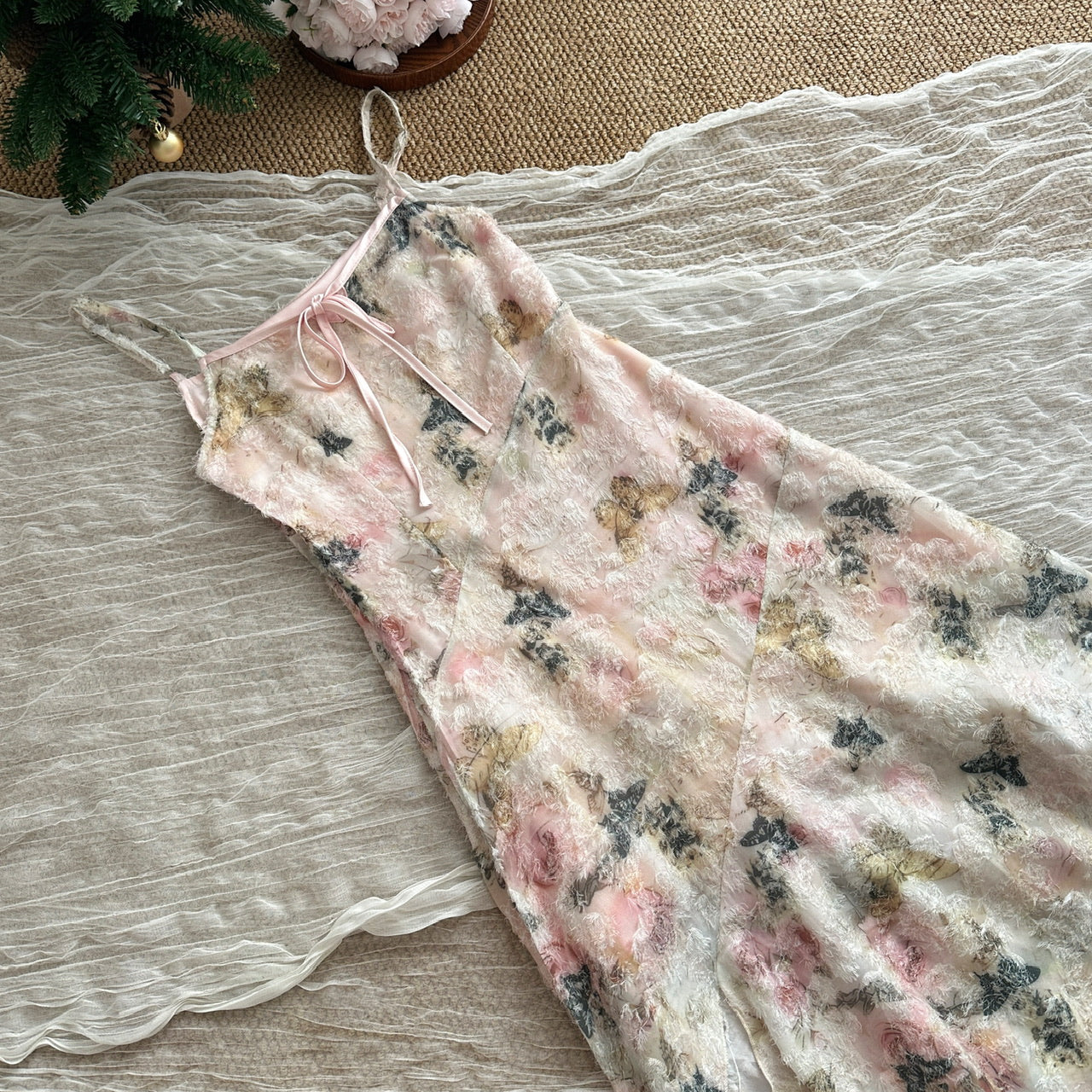 Cute A line Spaghetti Straps Pink Floral Lace Summer Dress Holiday Party Outfits For Women DP0018