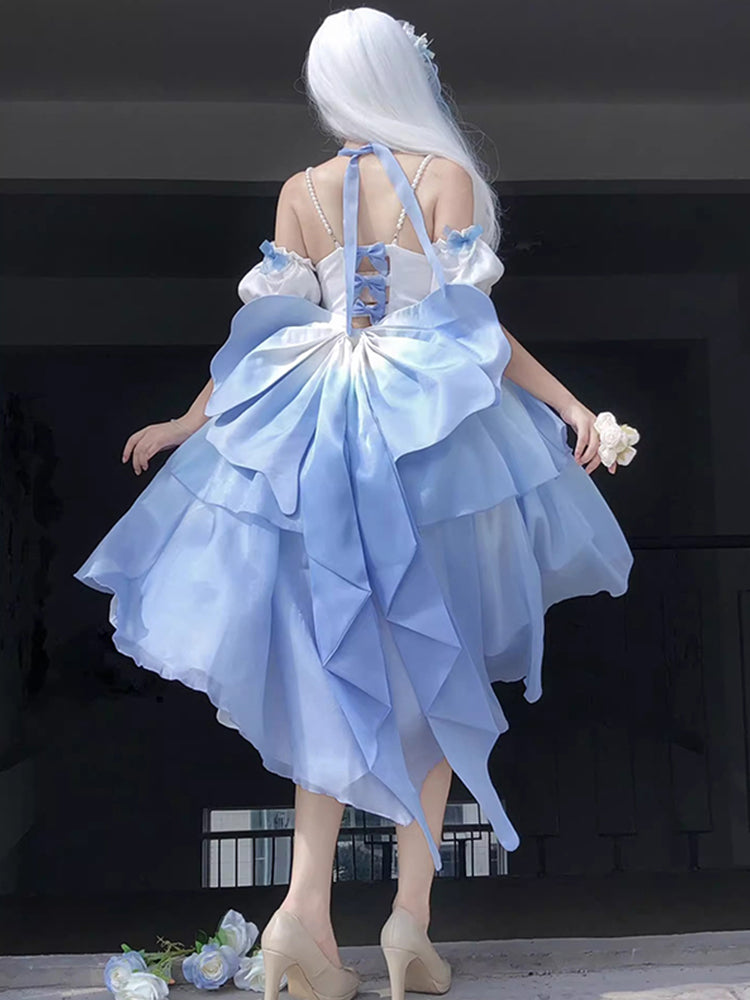 Vintage Ball Gown Off The Shoulder Ombre Blue Chiffon 22th Birthday Dress Lolita Dress Cute Lolita Outfits DH2442