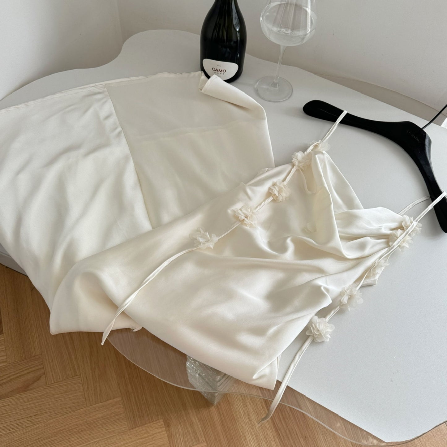 Cute A line Spaghetti Straps Champagne Floral Long Satin Summer Dress For Women DP0009