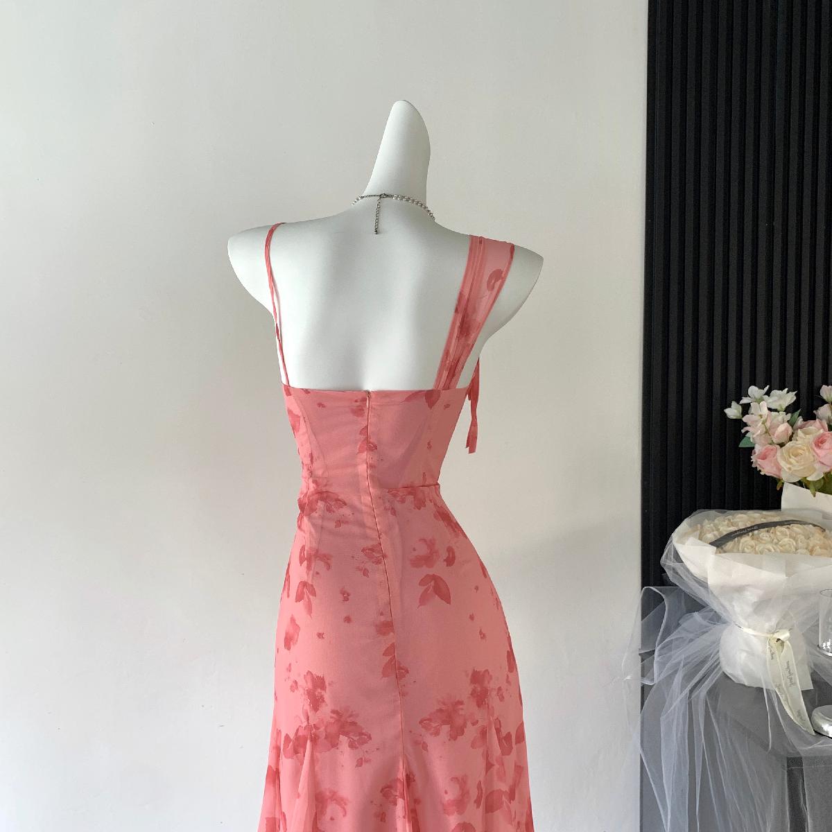 Sexy A line Spaghetti Straps Floral Long Pink Floral Dress Holiday Party Outfits For Women DP0032