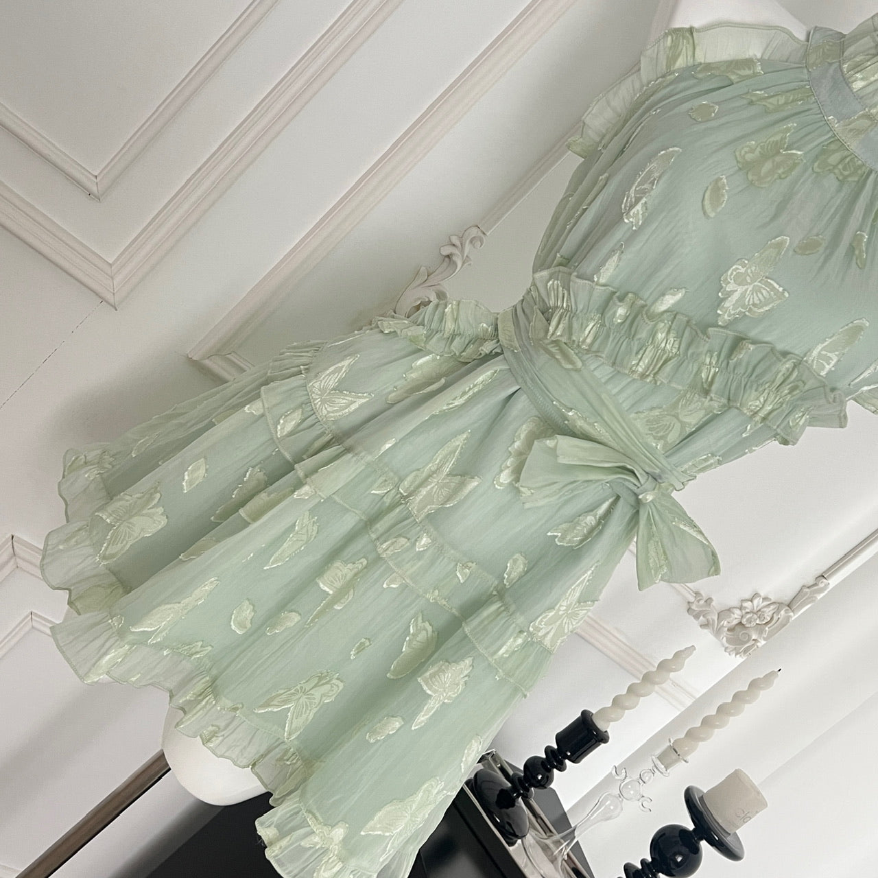 Robe d'été courte à fleurs vertes, coupe trapèze, col licou, pour femme, DP0020