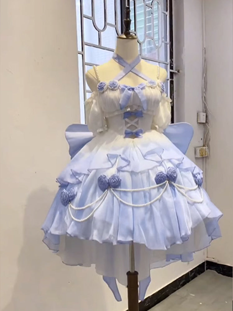 Vintage Ball Gown Off The Shoulder Ombre Blue Chiffon 22th Birthday Dresses Lolita Dress Cute Lolita Outfits DH2448