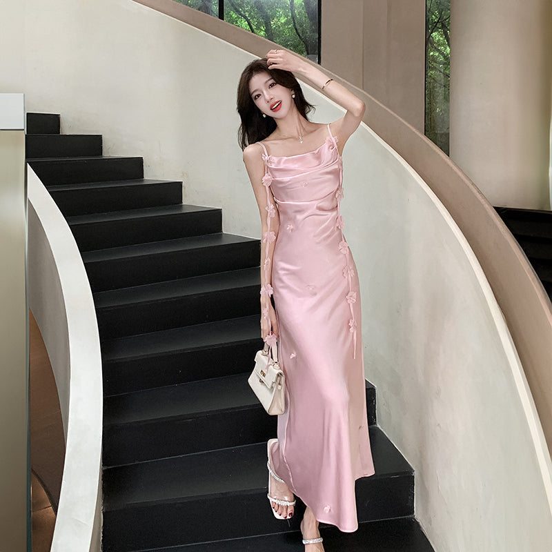 Cute A line Spaghetti Straps Pink Floral Long Satin Summer Dress For Women DP0010