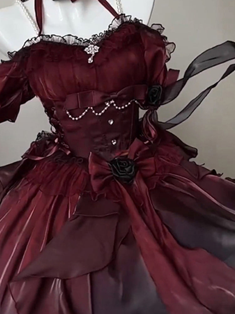 Magnifique robe Lolita en mousseline de soie à manches courtes et épaules dénudées, motif floral rose bordeaux, tenue d'anniversaire pour 16 ans, W1224