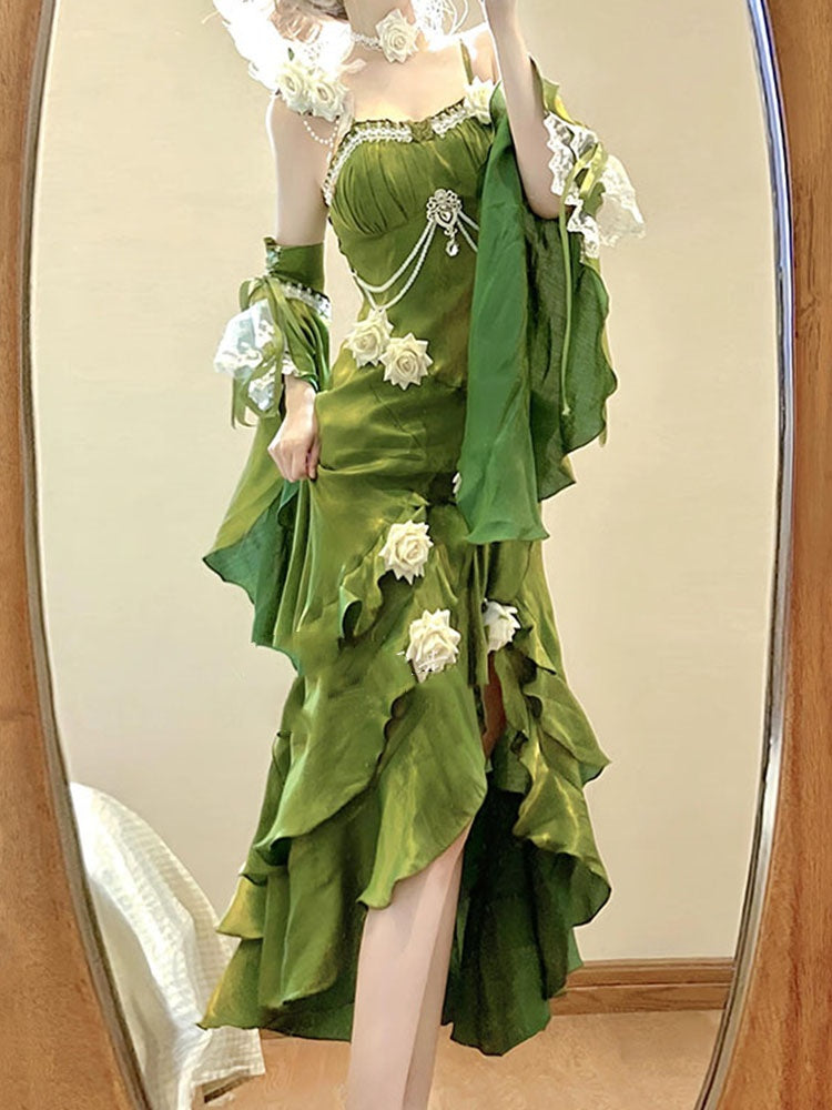 Robe vintage à bretelles spaghetti, verte, avec manches, style Lolita, en satin, pour 16e anniversaire, DP0223