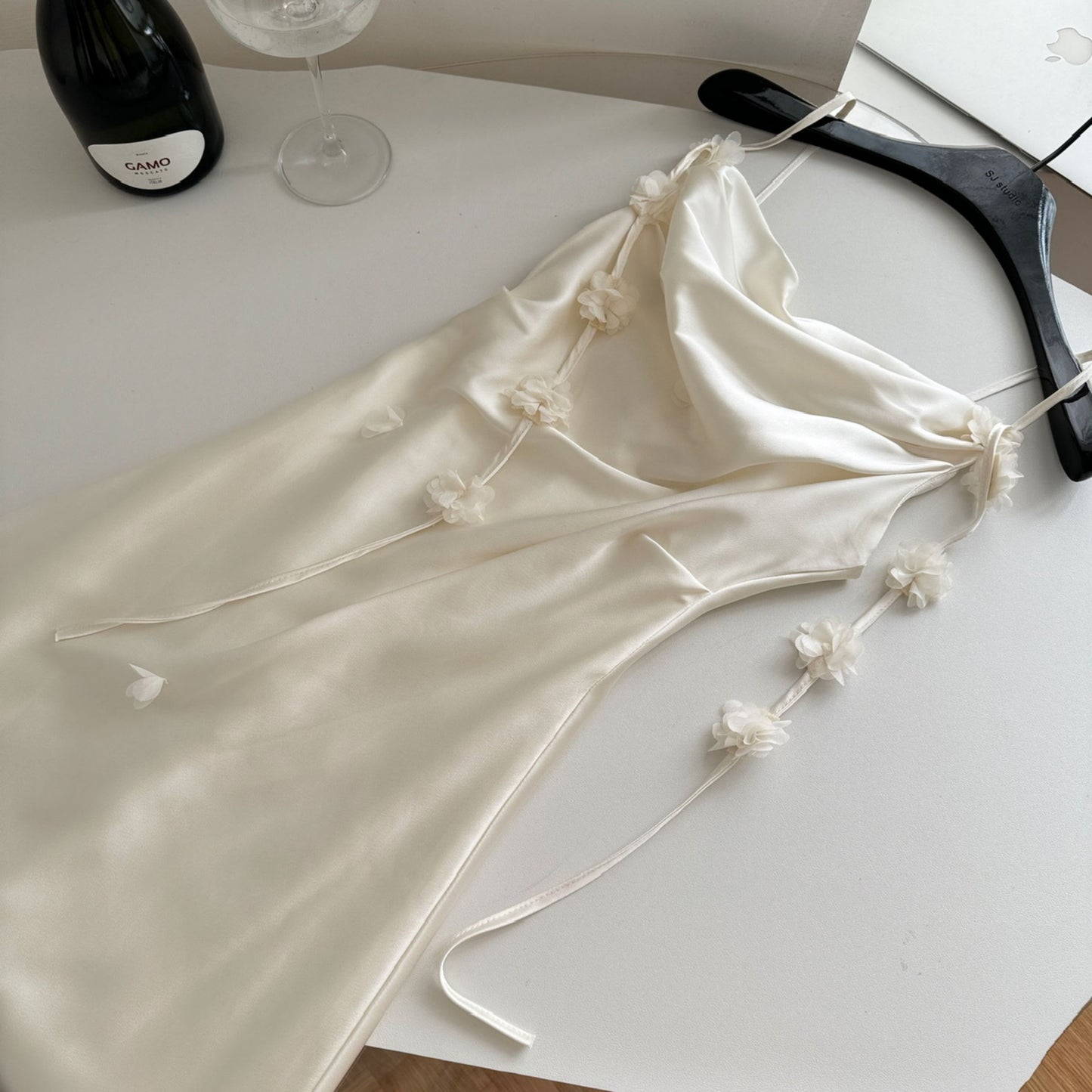 Cute A line Spaghetti Straps Champagne Floral Long Satin Summer Dress For Women DP0009