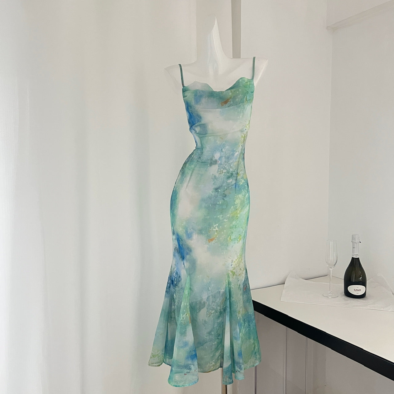 Robe d'été longue verte à bretelles spaghetti et motif sirène pour femme DP0016