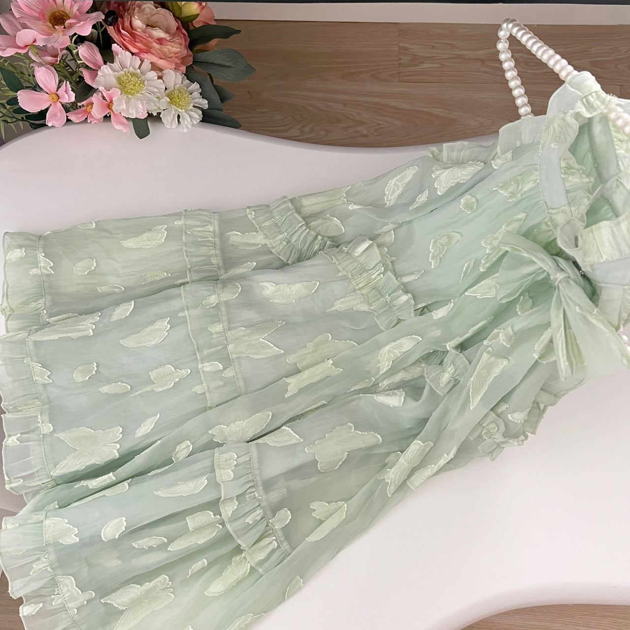 Robe d'été courte à fleurs vertes, coupe trapèze, col licou, pour femme, DP0020