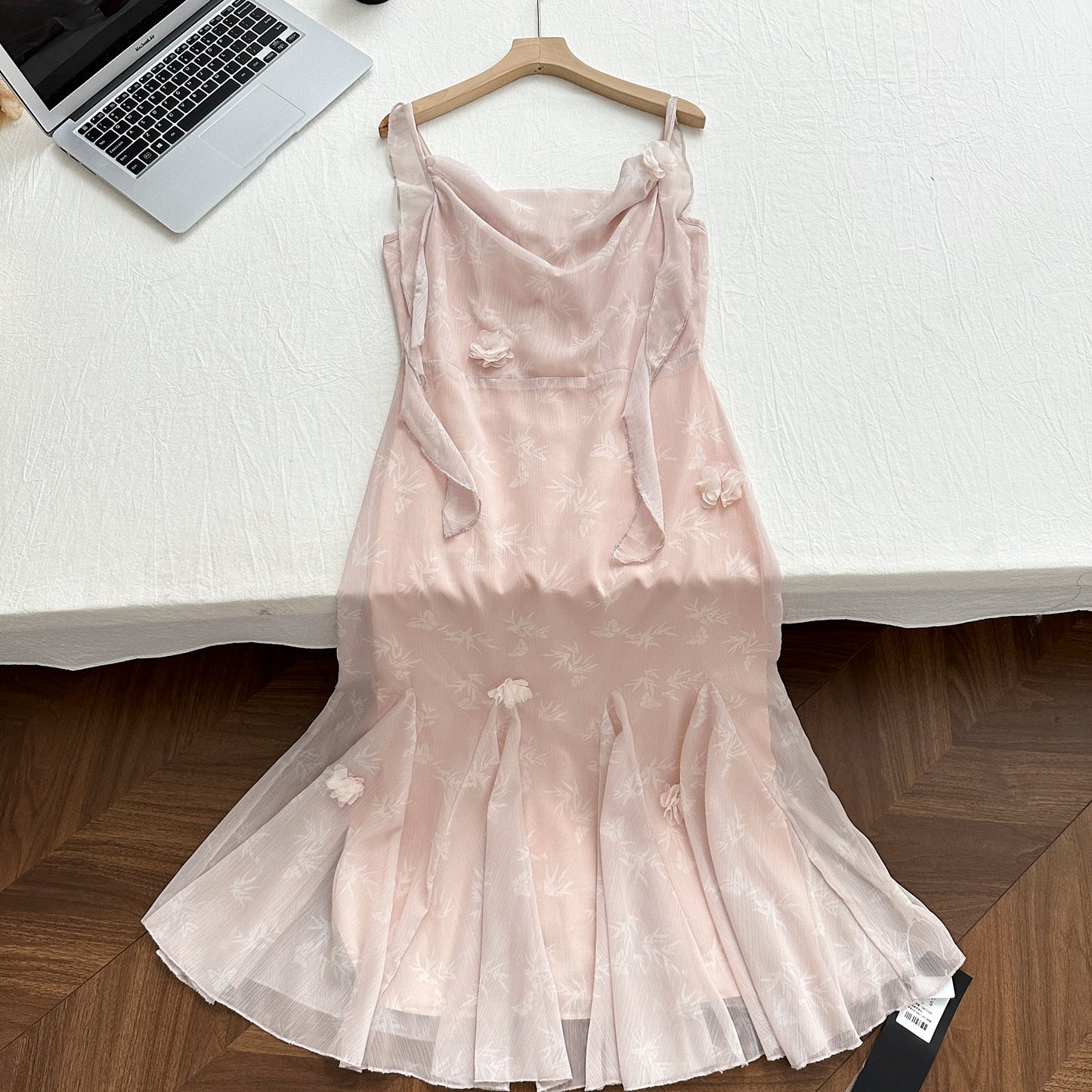 Cute Mermaid Straps Floral Pink Lace Long Summer Dress For Women DP0026