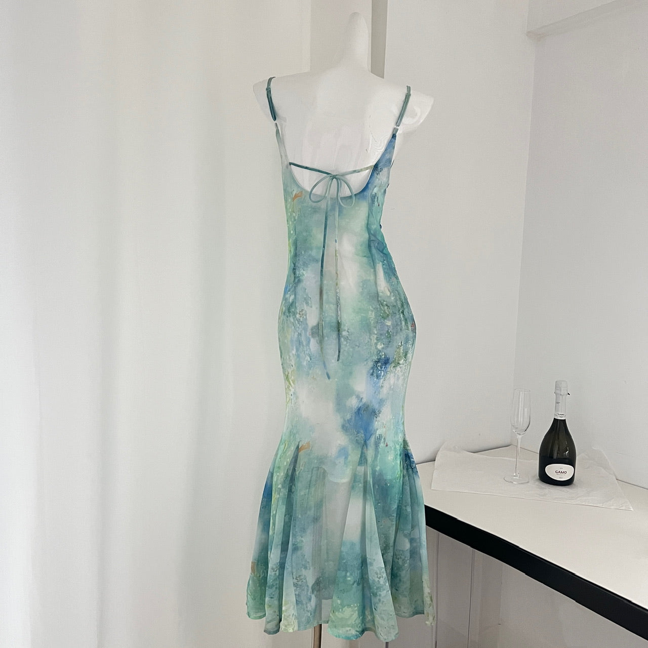 Robe d'été longue verte à bretelles spaghetti et motif sirène pour femme DP0016