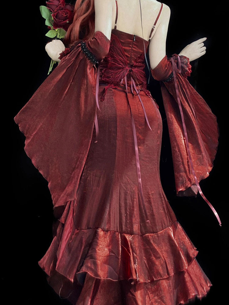 Vintage Mermaid Spaghetti Straps Burgundy Summer 18th Wine Red With Sleeves Birthday Dress Lolita Dress Birthday Outfits W1123