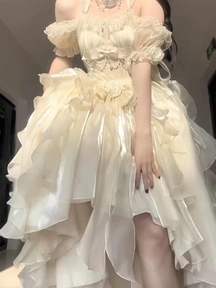 Robe vintage Lolita en mousseline de soie, manches courtes, épaules dénudées, pour 16e anniversaire, tenue d'anniversaire W1130