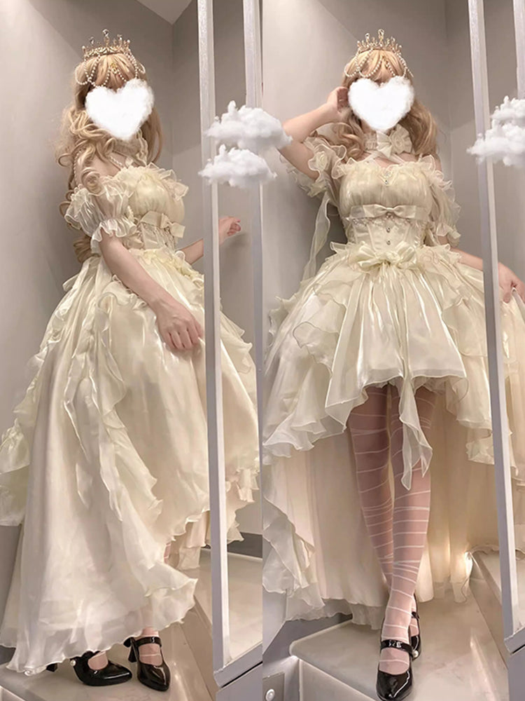 Magnifique robe Lolita en mousseline de soie ivoire à manches courtes et épaules dénudées, motif floral, tenue d'anniversaire pour 16 ans, W1221