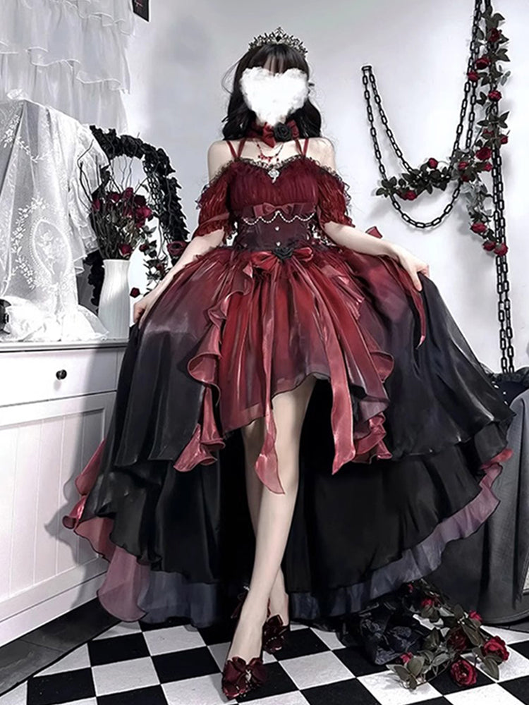 Princess Ball Gown Off The Shoulder Short Sleeves Ombre Burgundy Floral 16th Chiffon Birthday Dress Lolita Dress 18th Birthday Outfits W1198