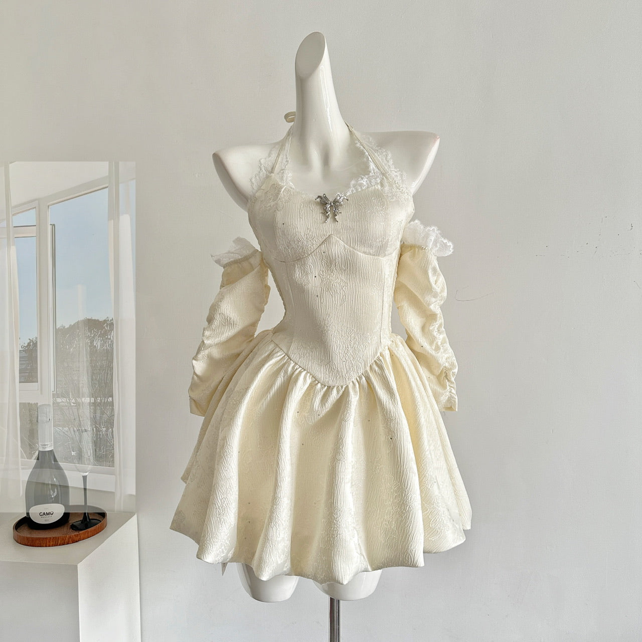 Robe d'été mignonne en dentelle ivoire à col licou et coupe trapèze, tenue de fête pour femmes, DP0096