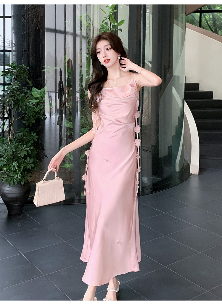Cute A line Spaghetti Straps Pink Floral Long Satin Summer Dress For Women DP0010