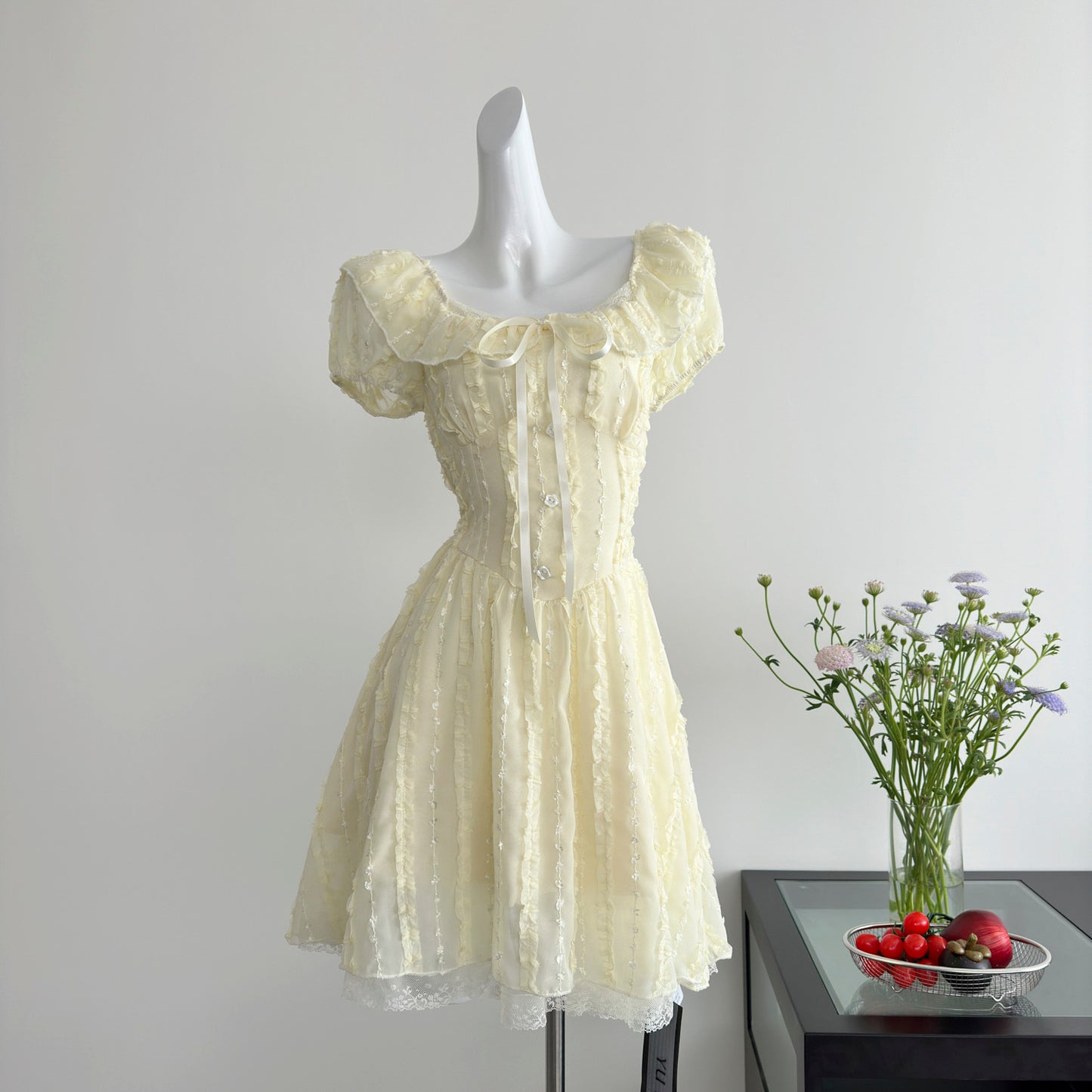Robe d'été courte jaune à fleurs, décolleté carré, jolie robe trapèze, tenue de fête pour femmes, DP0122