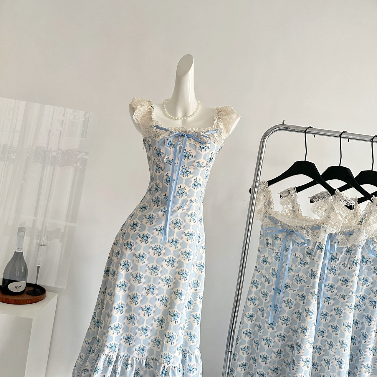 Sexy A line Straps Floral Blue Summer Dress Holiday Party Birthday Outfits For Women DP0144
