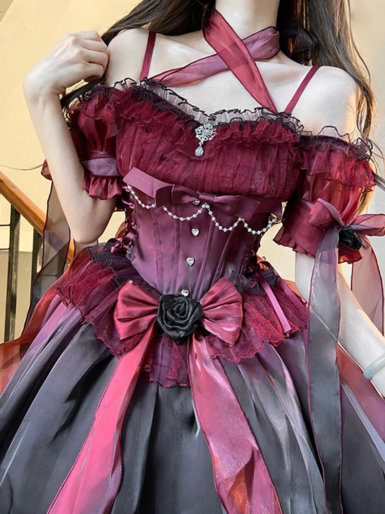 Vintage Ball Gown Off The Shoulder Short Sleeves 16th Burgundy Birthday Dress Lolita Dress Birthday Outfits DP0220