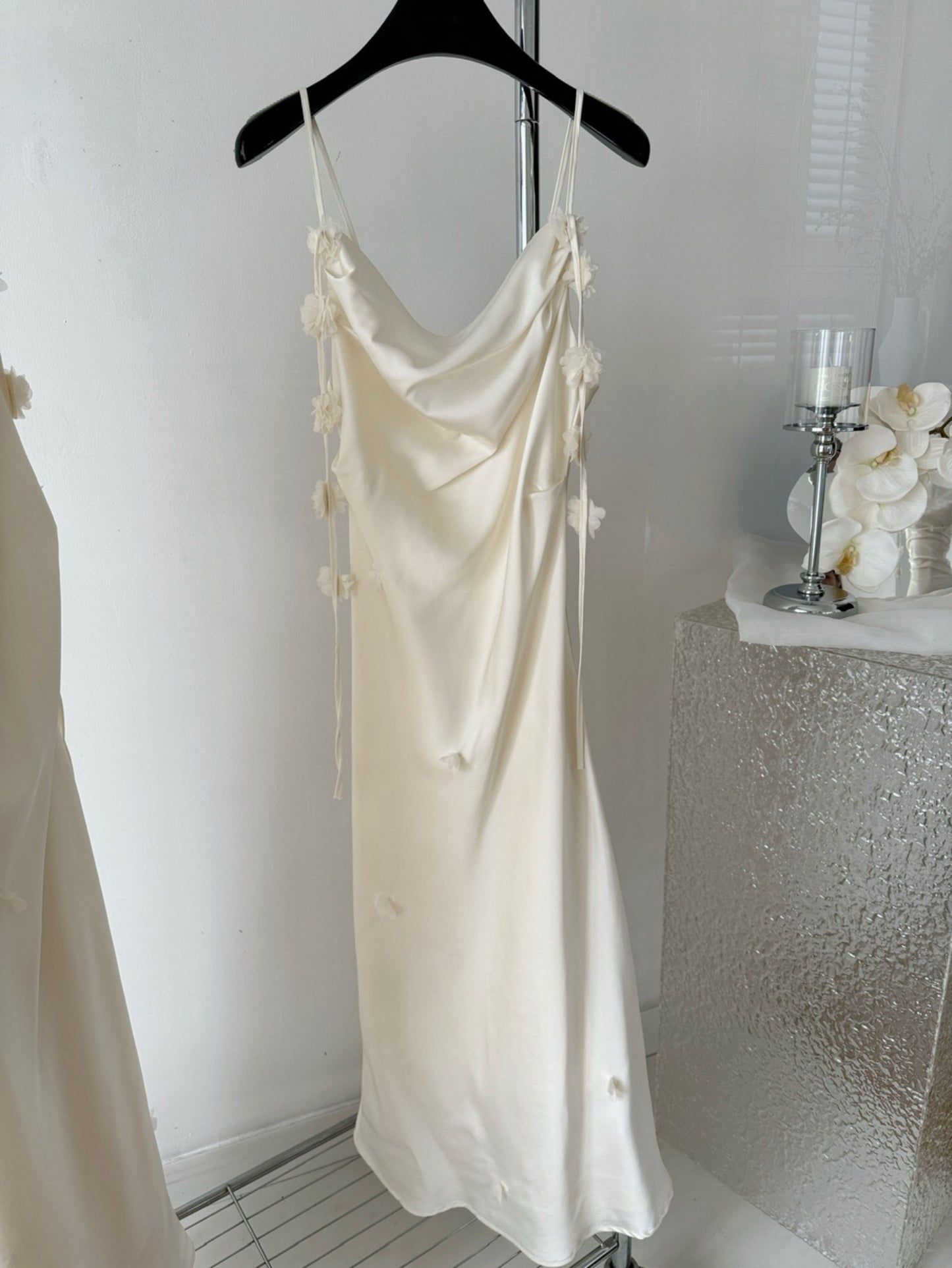 Cute A line Spaghetti Straps Champagne Floral Long Satin Summer Dress For Women DP0009