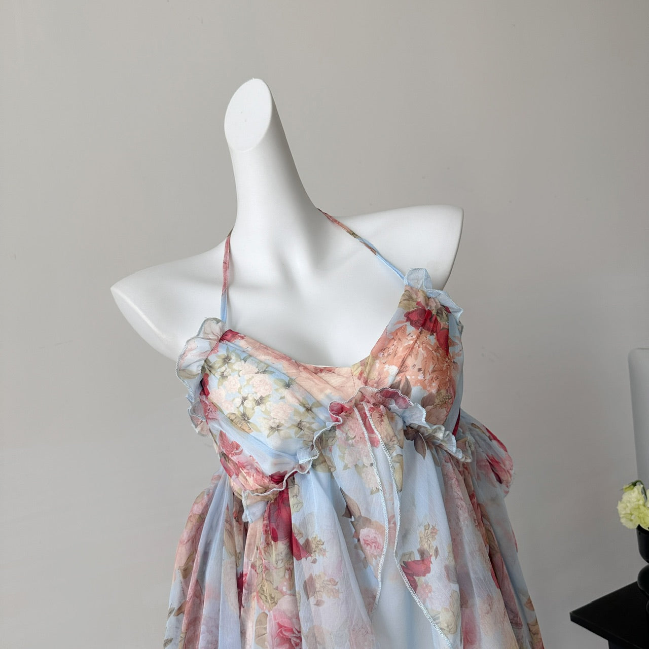 Robe d'été courte à fleurs roses, coupe trapèze, col licou, DP0015
