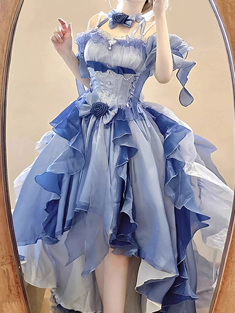 Vintage High Low Off The Shoulder Short Sleeves 16th Blue Birthday Dress Lolita Dress Birthday Outfits DP0224