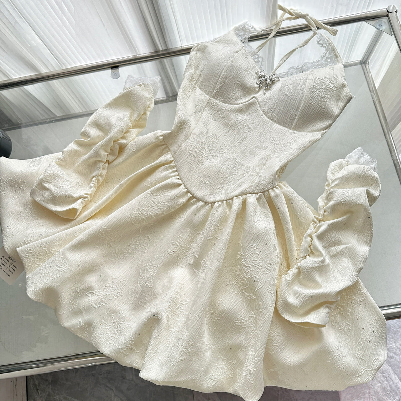 Robe d'été mignonne en dentelle ivoire à col licou et coupe trapèze, tenue de fête pour femmes, DP0096
