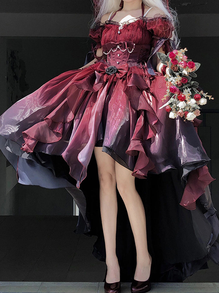 Magnifique robe Lolita en mousseline de soie bordeaux à manches courtes et épaules dénudées, motif floral, tenue d'anniversaire pour 16 ans, W1222