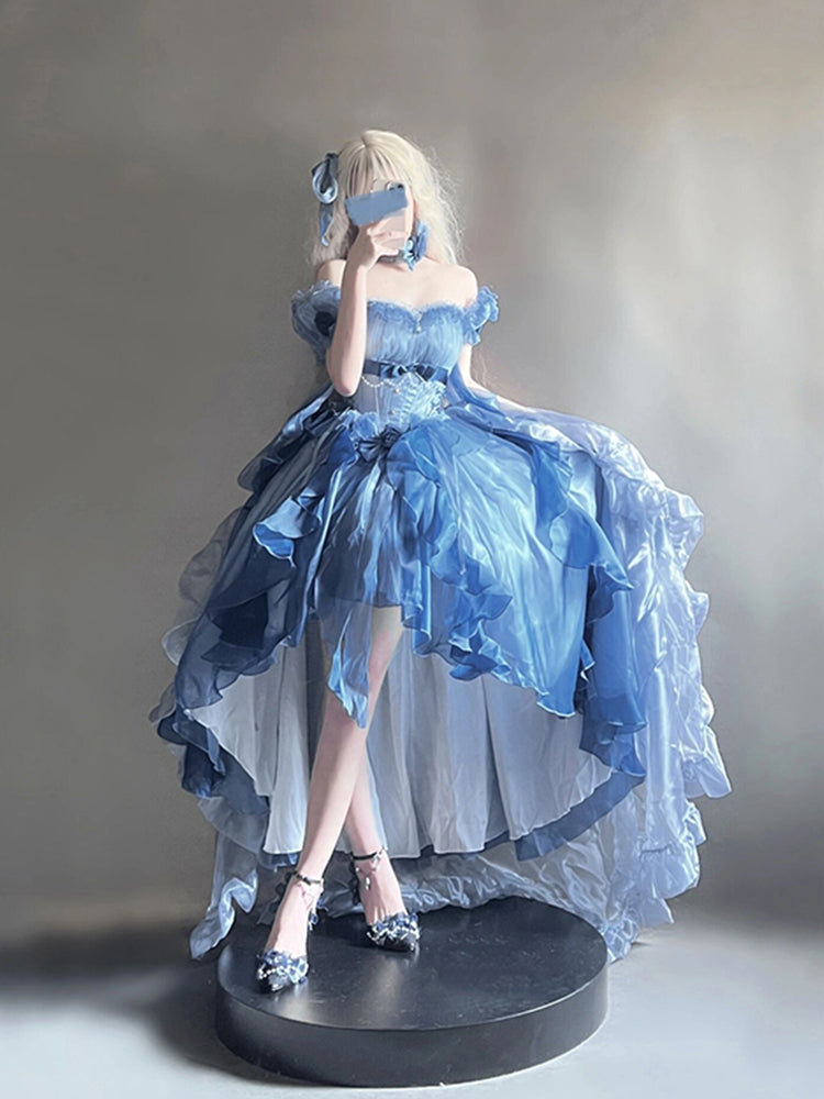 Magnifique robe Lolita en mousseline de soie à manches courtes et épaules dénudées, motif floral rose bleu, tenue d'anniversaire pour 16 ans, W1239