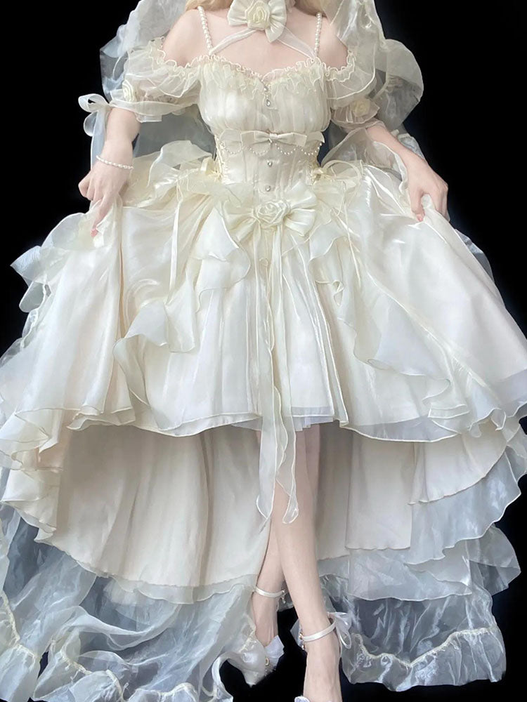 Magnifique robe Lolita en mousseline de soie à manches courtes et épaules dénudées, motif floral rose beige, tenue d'anniversaire pour 16 ans, W1242