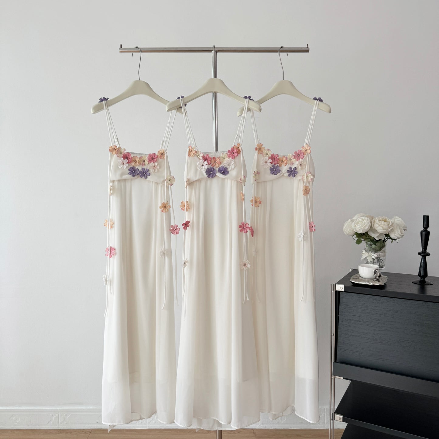 Cute A Line Spaghetti Straps Floral White Chiffon Summer Dress Holiday Party Outfits For Girls DP0130