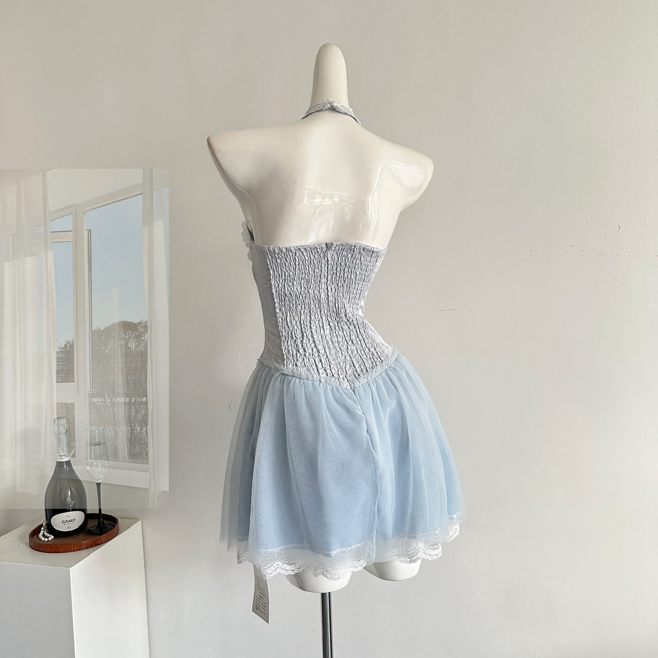 Robe d'été sexy à col licou, coupe trapèze, bleue, pour les fêtes, les retrouvailles, les anniversaires, pour adolescentes, DP1401