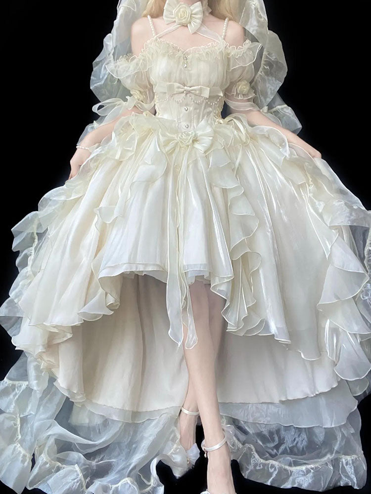 Magnifique robe Lolita en mousseline de soie à manches courtes et épaules dénudées, motif floral rose beige, tenue d'anniversaire pour 16 ans, W1242