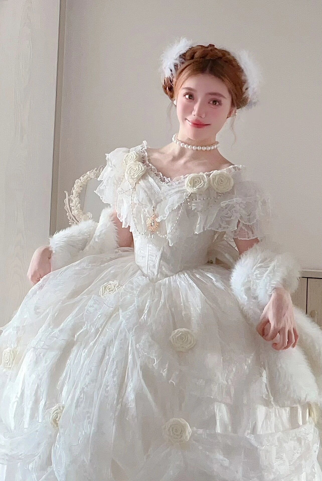 Retro Ball Gown Off The Shoulder Short Sleeves White Rose Floral 16th Chiffon Birthday Dress Lolita Dress 18th Birthday Outfits W1245
