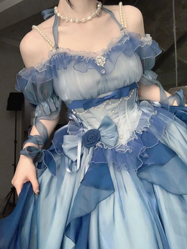 Magnifique robe Lolita en mousseline de soie à manches courtes et épaules dénudées, motif floral rose bleu, tenue d'anniversaire pour 16 ans, W1240