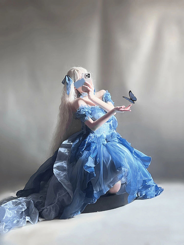 Magnifique robe Lolita en mousseline de soie à manches courtes et épaules dénudées, motif floral rose bleu, tenue d'anniversaire pour 16 ans, W1239