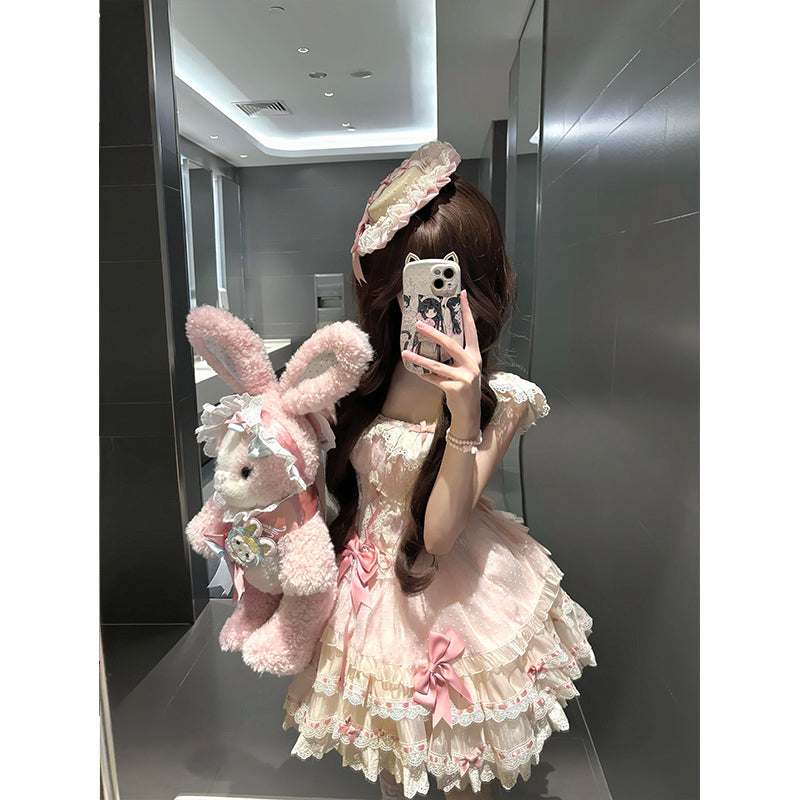 Cute Ball Gown Square Neck Pink Short Lace Summer 18th Birthday Dress Lolita Dress Birthday Outfits W1249