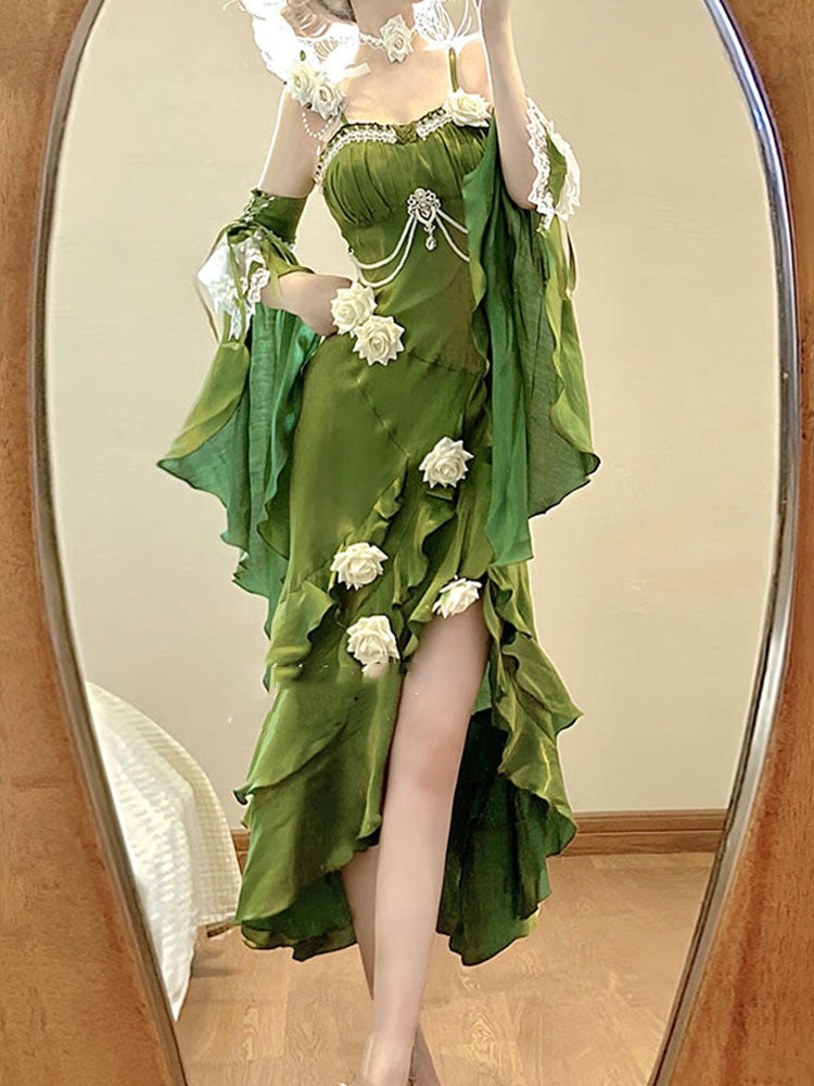Robe vintage à bretelles spaghetti, verte, avec manches, style Lolita, en satin, pour 16e anniversaire, DP0223
