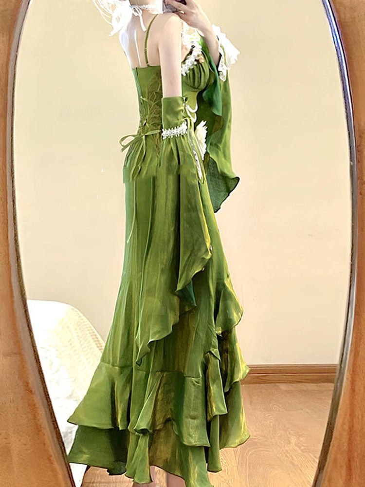 Robe vintage à bretelles spaghetti, verte, avec manches, style Lolita, en satin, pour 16e anniversaire, DP0223